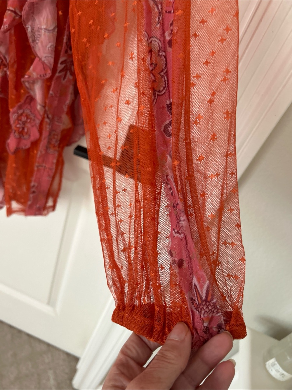 Free People Worth It Pink Orange Sheer Ruffle Floral Button Blouse Boho Fairy - Picture 8 of 14